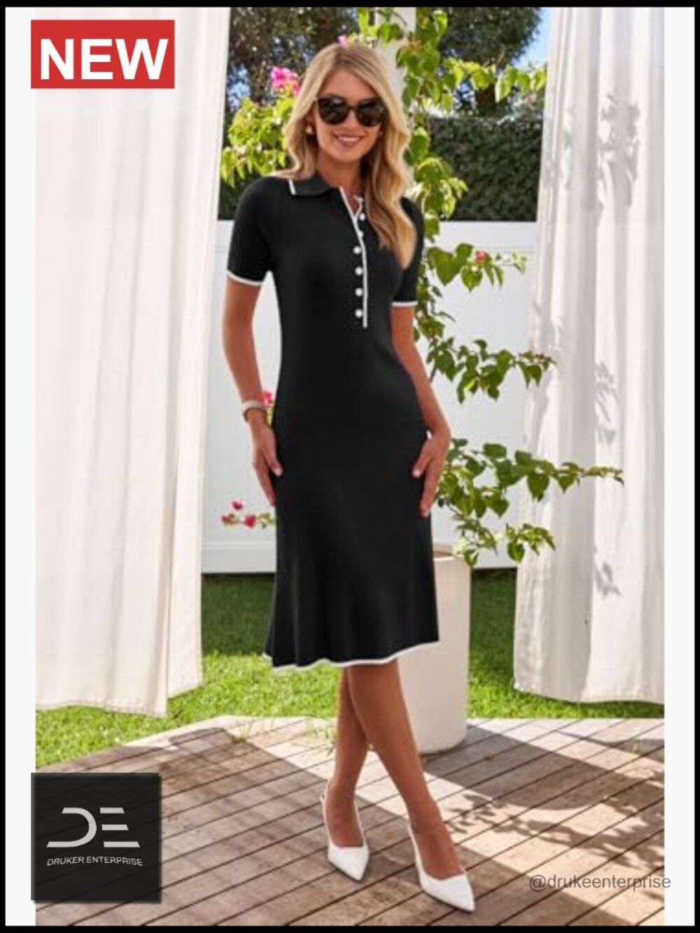 Ribbed Knit Midi Dress Short Sleeve V Neck Button Bodycon - Picture 2 of 7